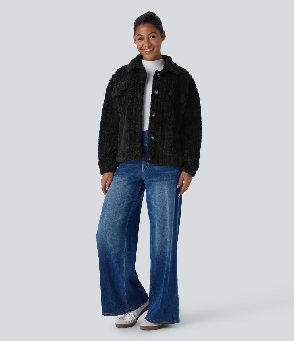 Collared Button Long Sleeve Casual Sherpa Jacket — Black — view 8