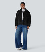 Collared Button Long Sleeve Casual Sherpa Jacket — Black — view 8