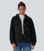 Collared Button Long Sleeve Casual Sherpa Jacket — Black — view 1