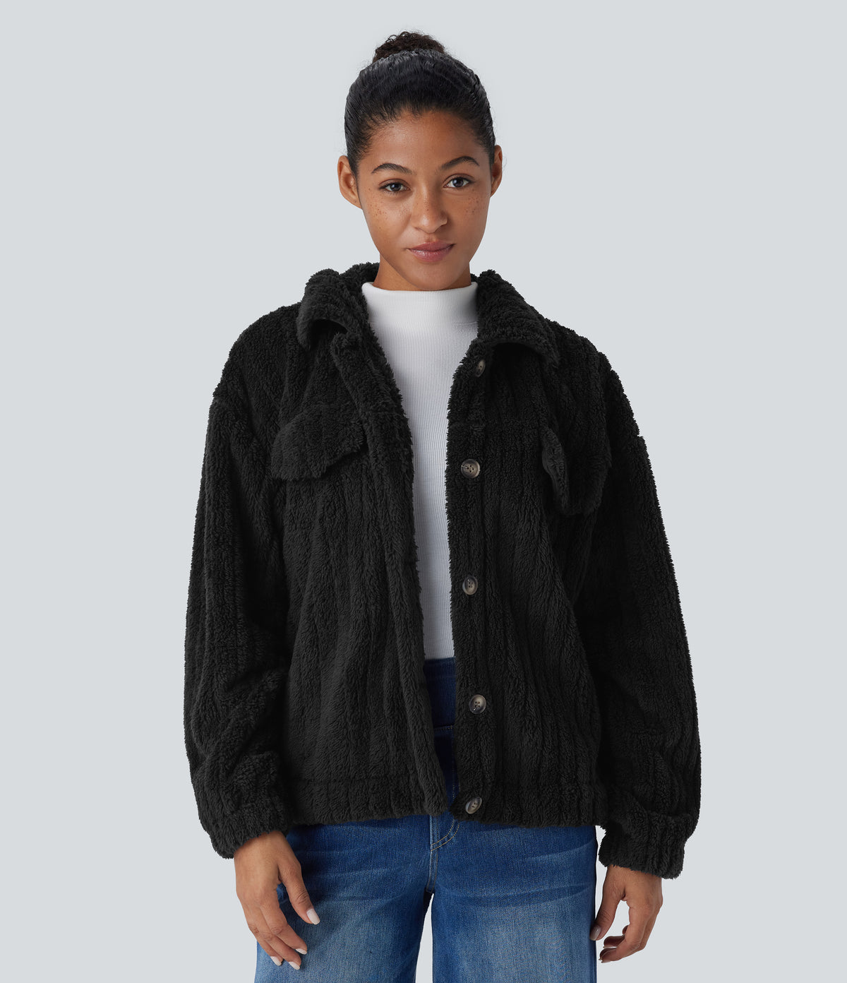 Collared Button Long Sleeve Casual Sherpa Jacket — Black — view 1