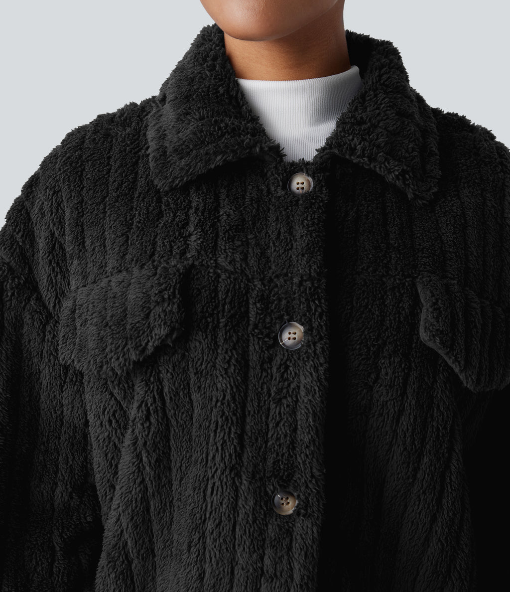 Collared Button Long Sleeve Casual Sherpa Jacket — Black — view 4