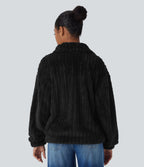 Collared Button Long Sleeve Casual Sherpa Jacket — Black — view 2