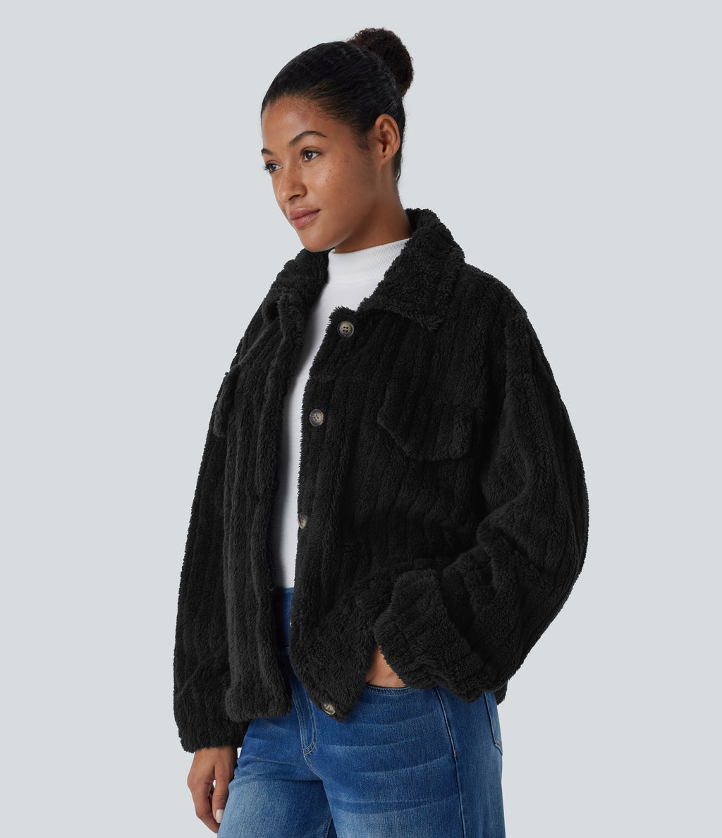 Collared Button Long Sleeve Casual Sherpa Jacket — Black — view 3