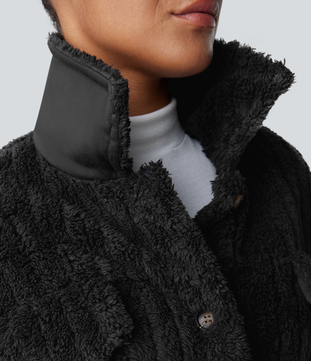 Collared Button Long Sleeve Casual Sherpa Jacket — Black — view 5