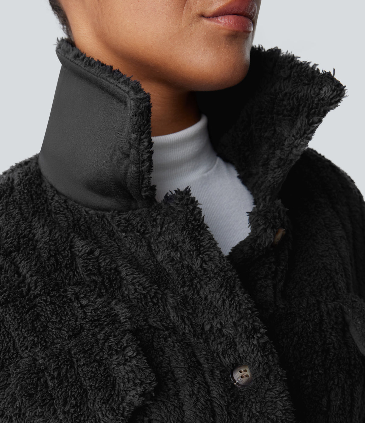 Collared Button Long Sleeve Casual Sherpa Jacket — Black — view 5