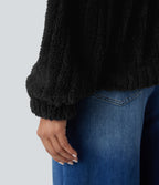 Collared Button Long Sleeve Casual Sherpa Jacket — Black — view 6