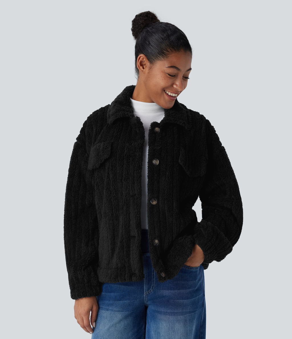 Collared Button Long Sleeve Casual Sherpa Jacket — Black — view 7