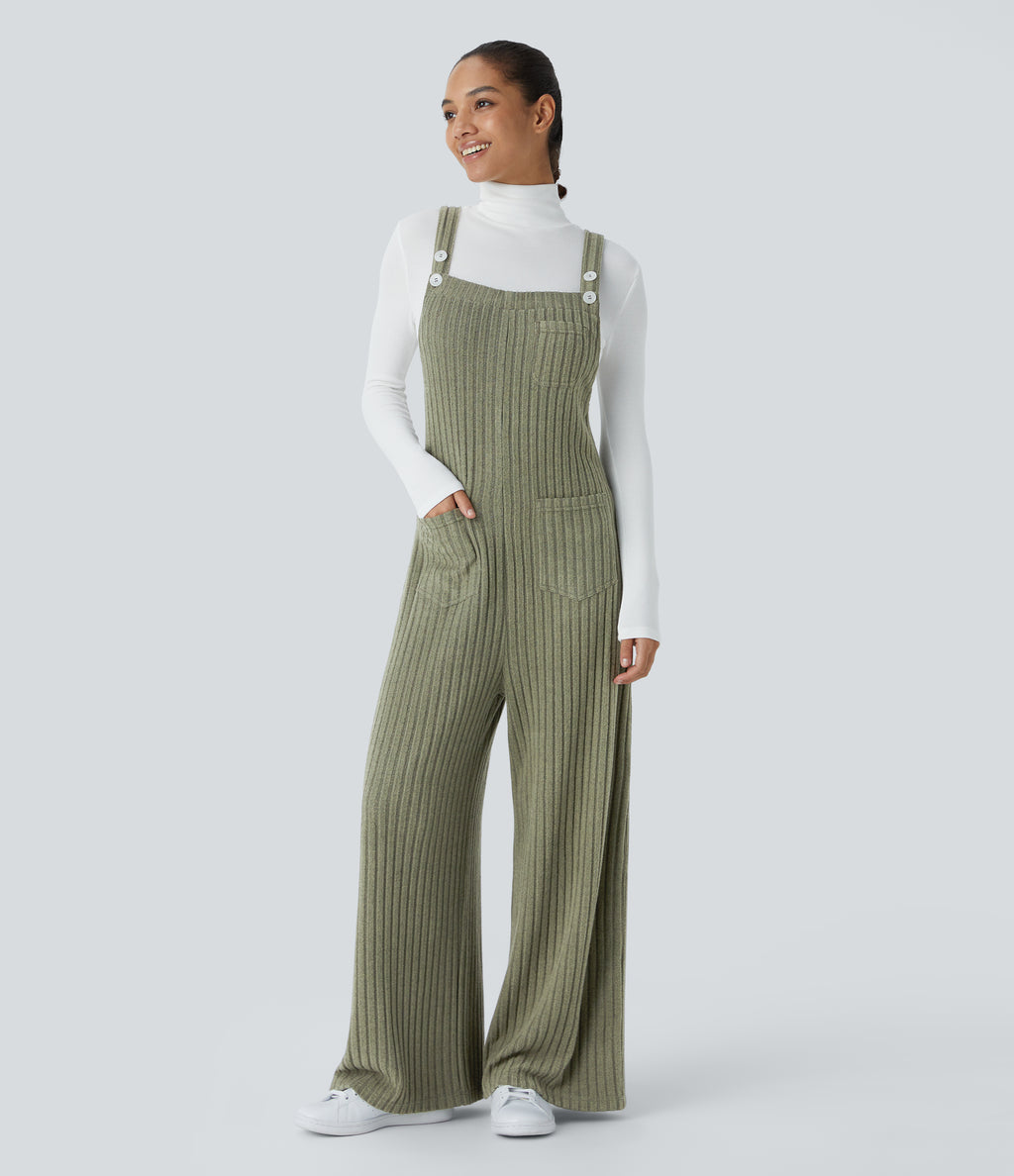 Ribbed Knit Pockets Fleece Casual Dungarees — Moss Green Floral Velvet — view 1