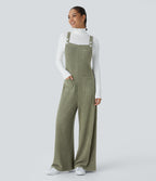 Ribbed Knit Pockets Fleece Casual Dungarees — Moss Green Floral Velvet — view 1
