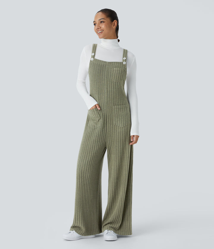 Ribbed Knit Pockets Fleece Casual Dungarees — Moss Green Floral Velvet — view 1