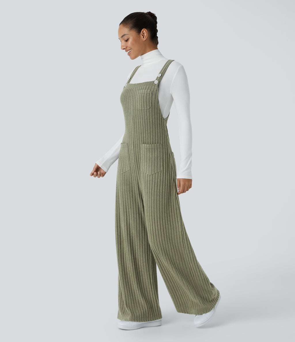 Ribbed Knit Pockets Fleece Casual Dungarees — Moss Green Floral Velvet — view 3