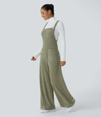 Ribbed Knit Pockets Fleece Casual Dungarees — Moss Green Floral Velvet — view 3