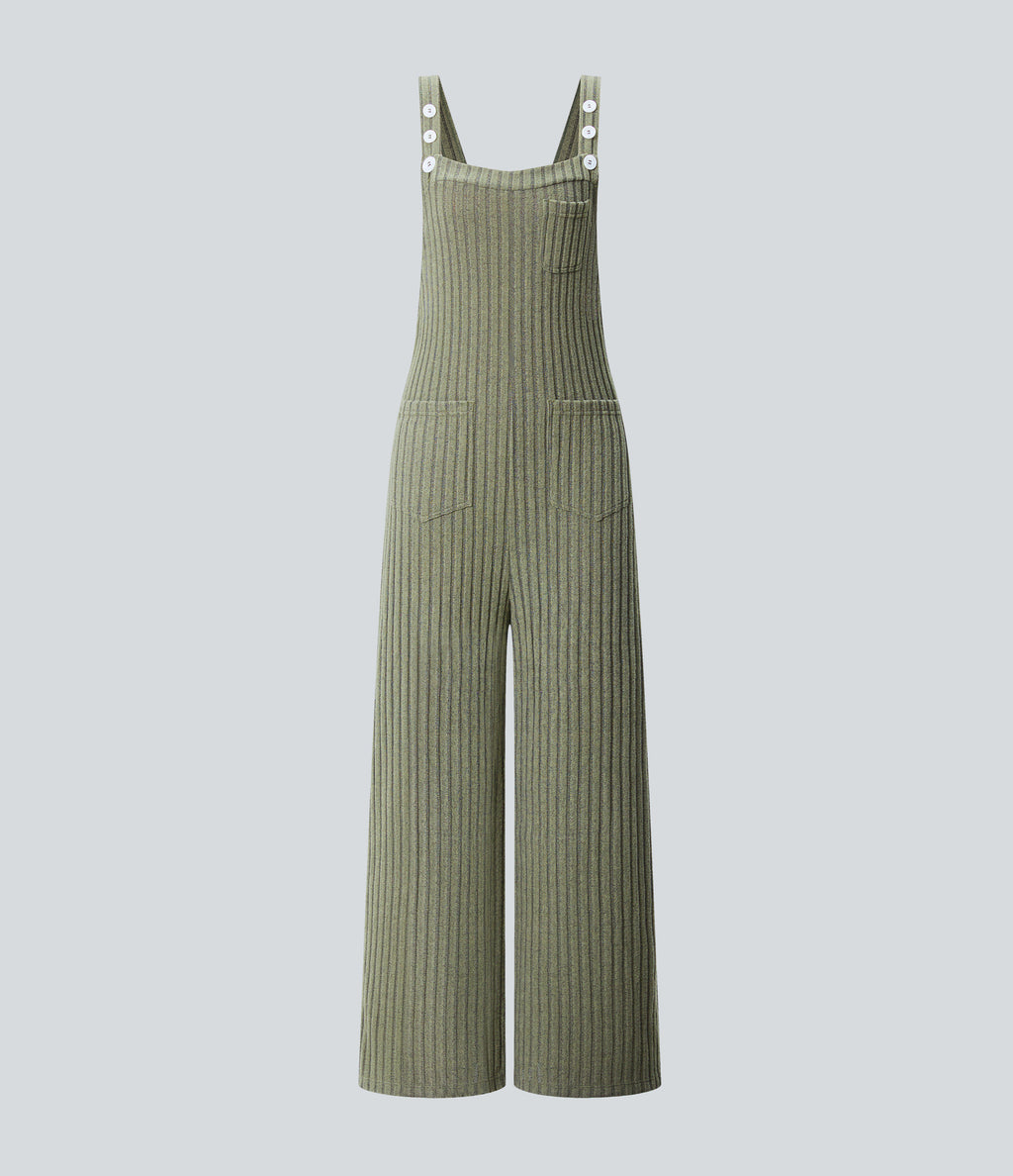 Ribbed Knit Pockets Fleece Casual Dungarees — Moss Green Floral Velvet — view 7
