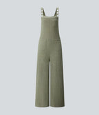 Ribbed Knit Pockets Fleece Casual Dungarees — Moss Green Floral Velvet — view 7