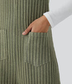 Ribbed Knit Pockets Fleece Casual Dungarees — Moss Green Floral Velvet — view 6