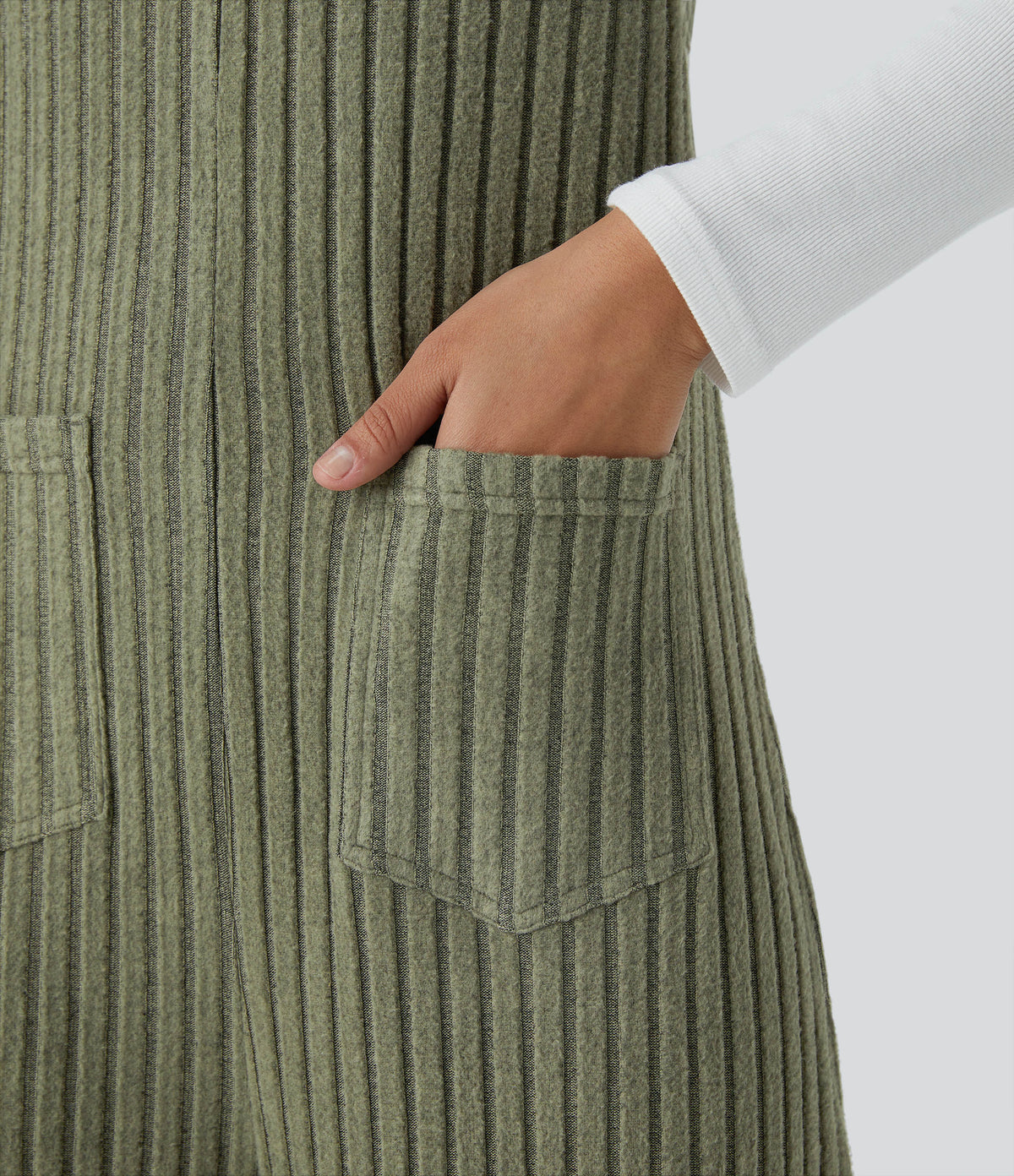 Ribbed Knit Pockets Fleece Casual Dungarees — Moss Green Floral Velvet — view 6