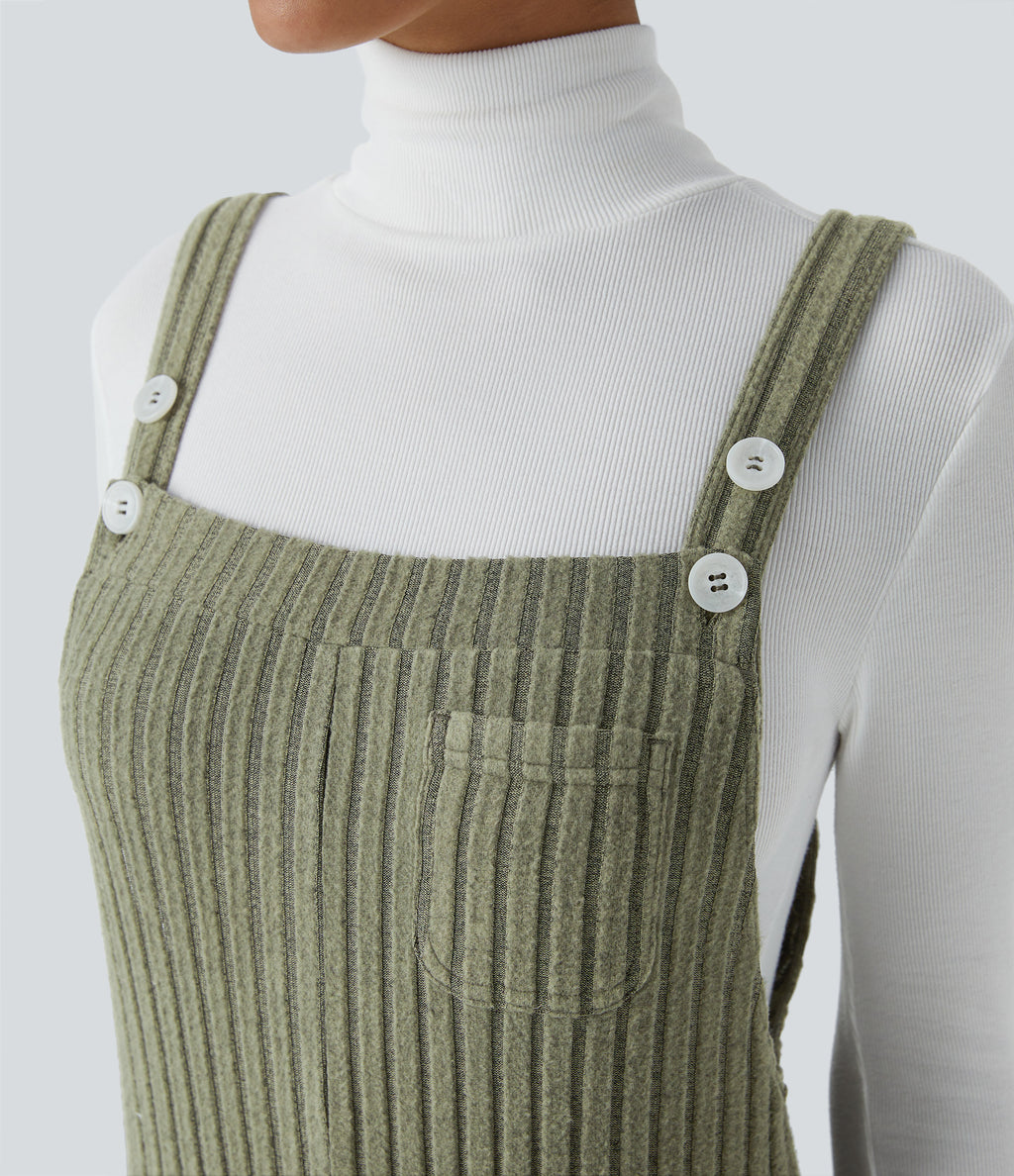 Ribbed Knit Pockets Fleece Casual Dungarees — Moss Green Floral Velvet — view 4