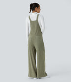 Ribbed Knit Pockets Fleece Casual Dungarees — Moss Green Floral Velvet — view 2