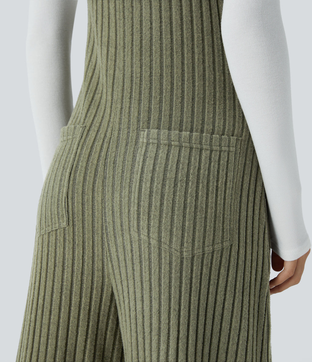 Ribbed Knit Pockets Fleece Casual Dungarees — Moss Green Floral Velvet — view 5