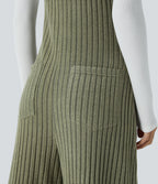 Ribbed Knit Pockets Fleece Casual Dungarees — Moss Green Floral Velvet — view 5