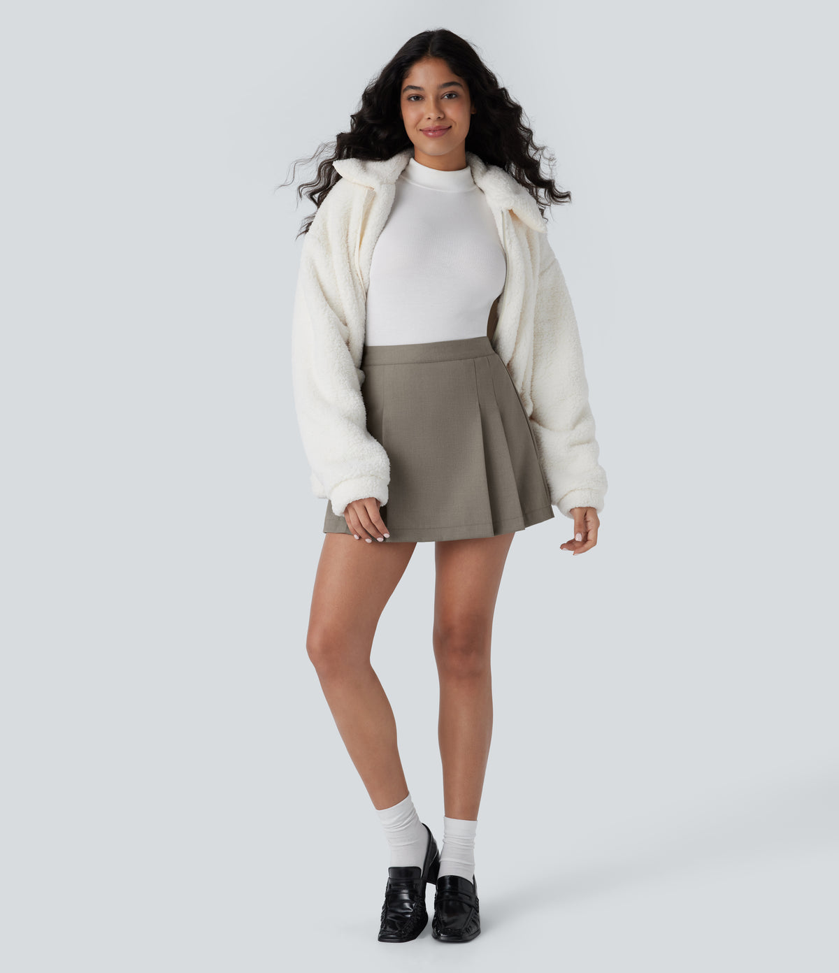 High Waisted Invisible Zipper Pleated Mini 2-in-1 Casual Skirt — That's Shady - Taupe — view 7