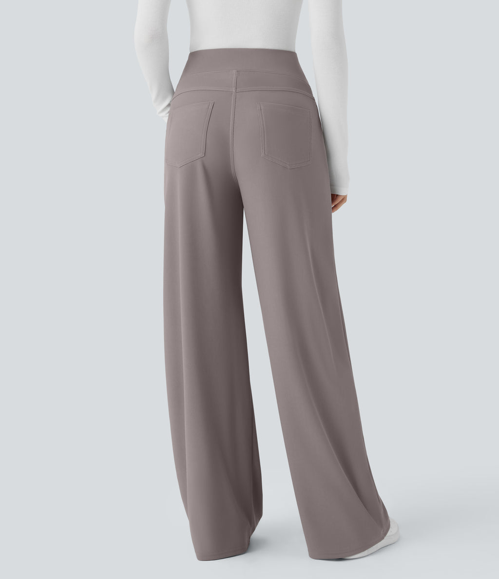 High Waisted Tummy Control Pockets Wide Leg Micro Waffle Work Trousers — Satellite — view 3