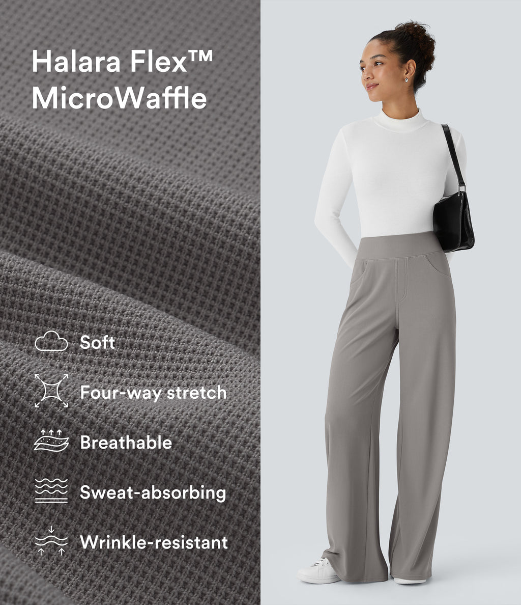 High Waisted Tummy Control Pockets Wide Leg Micro Waffle Work Trousers — Satellite — view 2