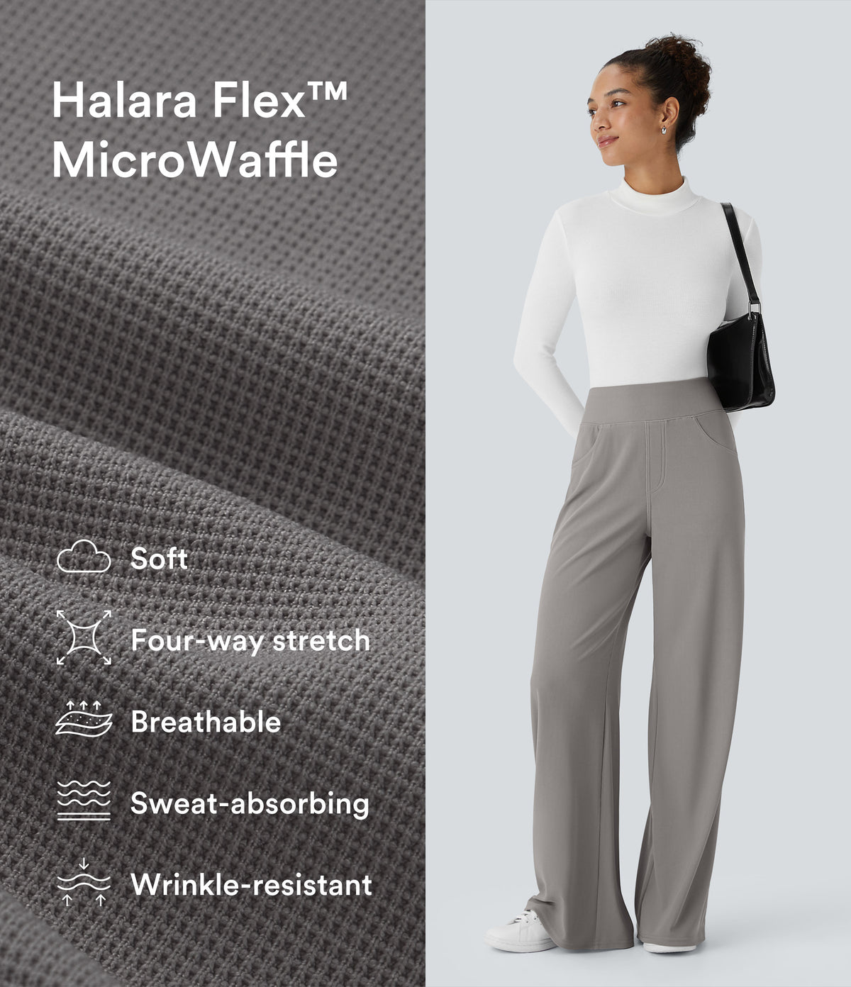 High Waisted Tummy Control Pockets Wide Leg Micro Waffle Work Trousers — Satellite — view 2