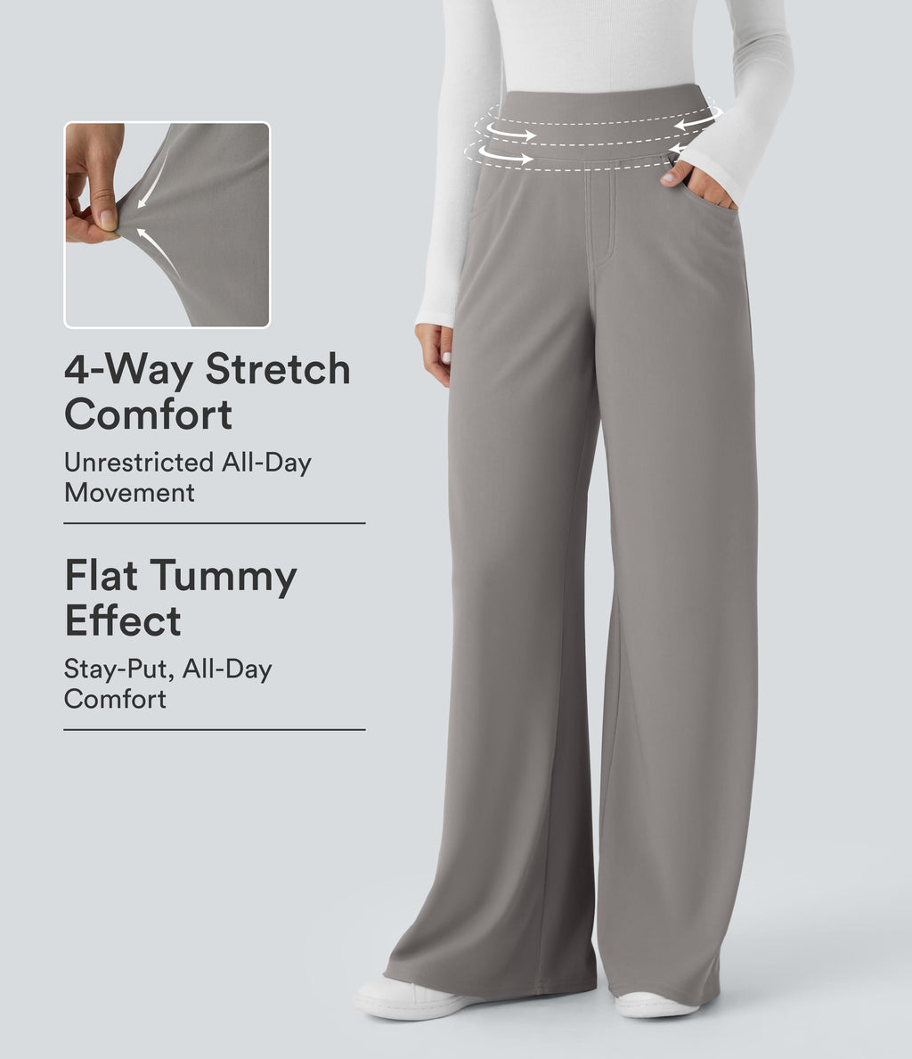 High Waisted Tummy Control Pockets Wide Leg Micro Waffle Work Trousers — Satellite — view 1