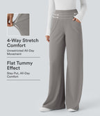 High Waisted Tummy Control Pockets Wide Leg Micro Waffle Work Trousers — Satellite — view 1