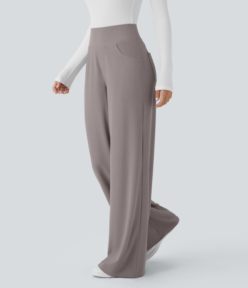 High Waisted Tummy Control Pockets Wide Leg Micro Waffle Work Trousers — Satellite — view 4