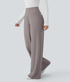 High Waisted Tummy Control Pockets Wide Leg Micro Waffle Work Trousers — Satellite — view 4