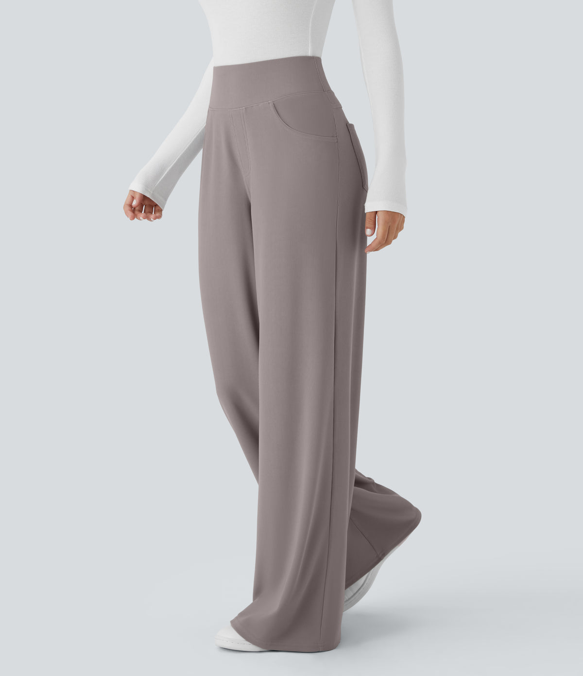 High Waisted Tummy Control Pockets Wide Leg Micro Waffle Work Trousers — Satellite — view 4