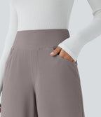 High Waisted Tummy Control Pockets Wide Leg Micro Waffle Work Trousers — Satellite — view 5