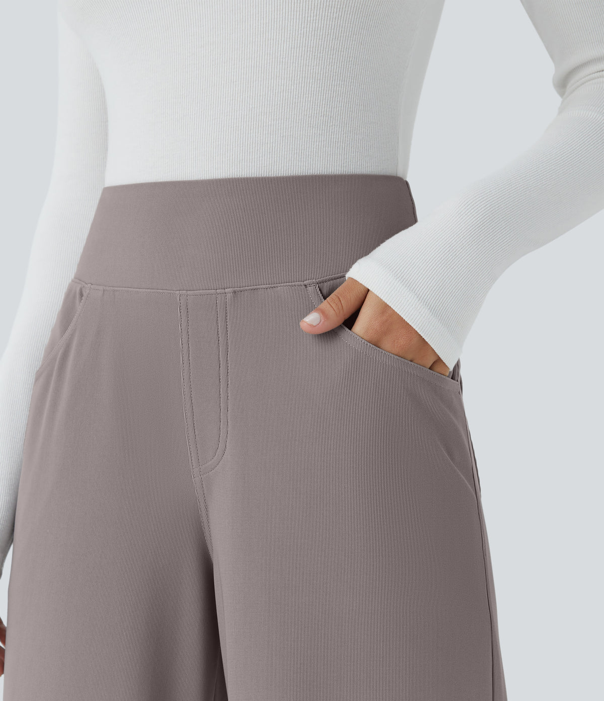 High Waisted Tummy Control Pockets Wide Leg Micro Waffle Work Trousers — Satellite — view 5