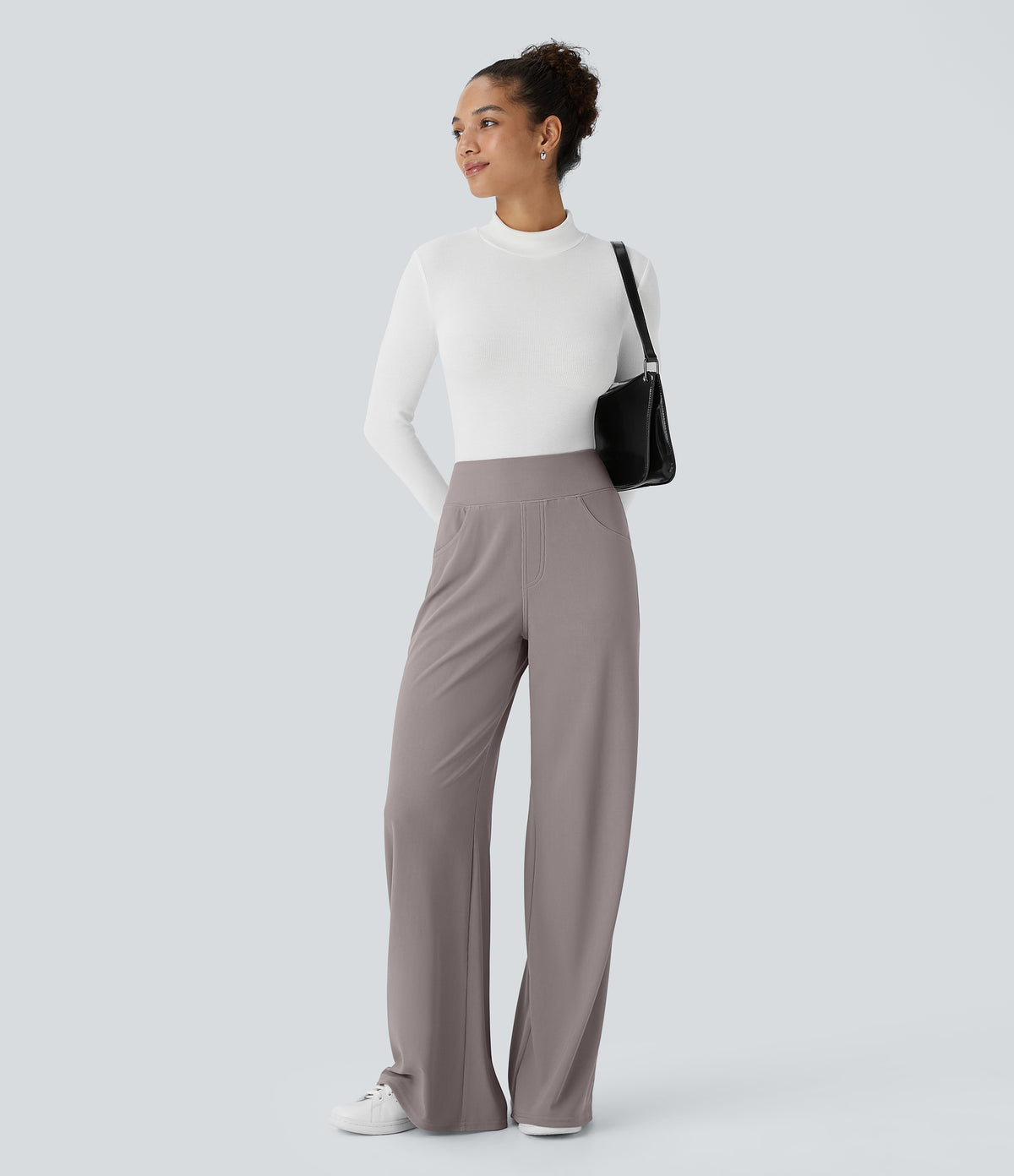 High Waisted Tummy Control Pockets Wide Leg Micro Waffle Work Trousers — Satellite — view 7