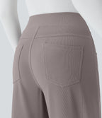 High Waisted Tummy Control Pockets Wide Leg Micro Waffle Work Trousers — Satellite — view 6
