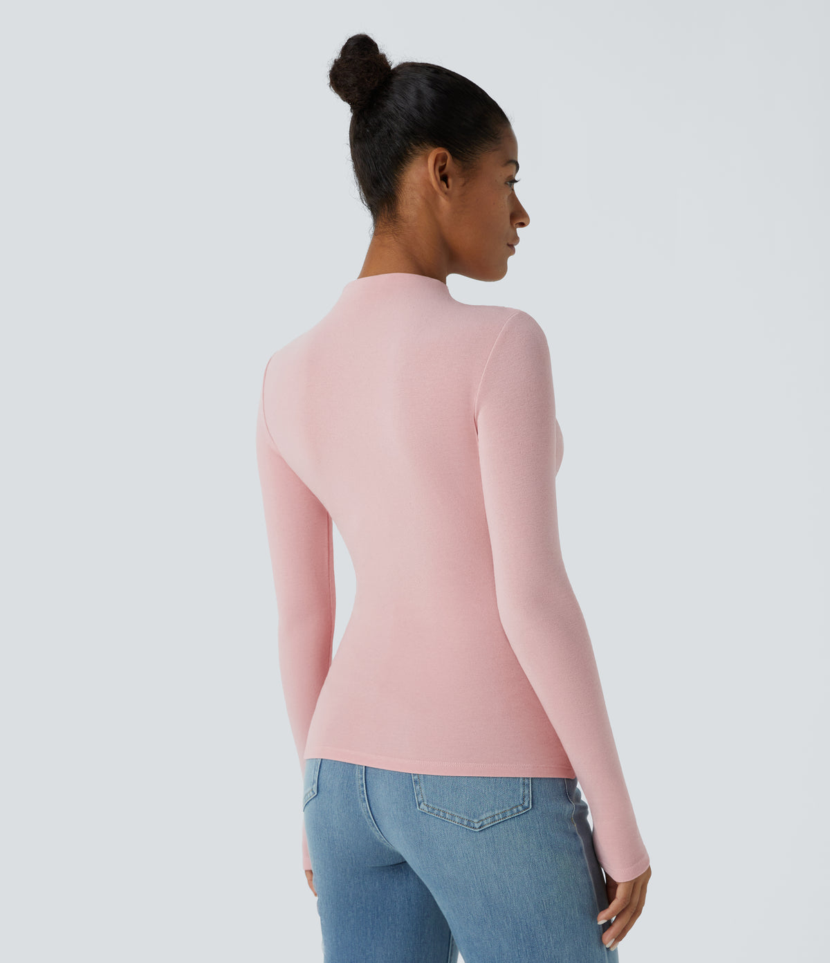 Funnel Neck Long Sleeve Ruched Skinny Thermal Casual Top — Dirty Pink — view 2