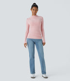 Funnel Neck Long Sleeve Ruched Skinny Thermal Casual Top — Dirty Pink — view 7