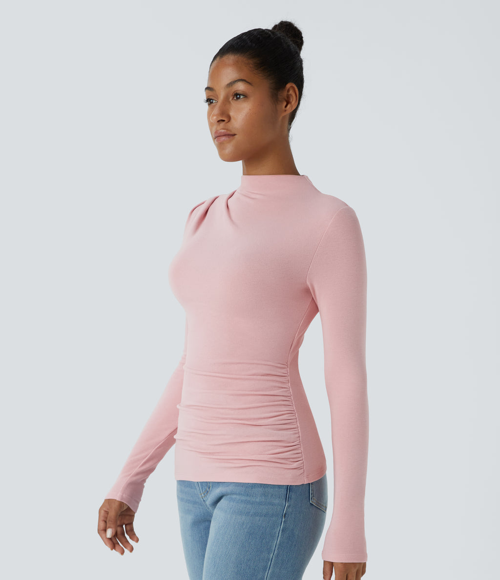 Funnel Neck Long Sleeve Ruched Skinny Thermal Casual Top — Dirty Pink — view 3