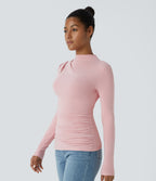 Funnel Neck Long Sleeve Ruched Skinny Thermal Casual Top — Dirty Pink — view 3