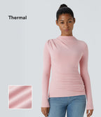 Funnel Neck Long Sleeve Ruched Skinny Thermal Casual Top — Dirty Pink — view 1