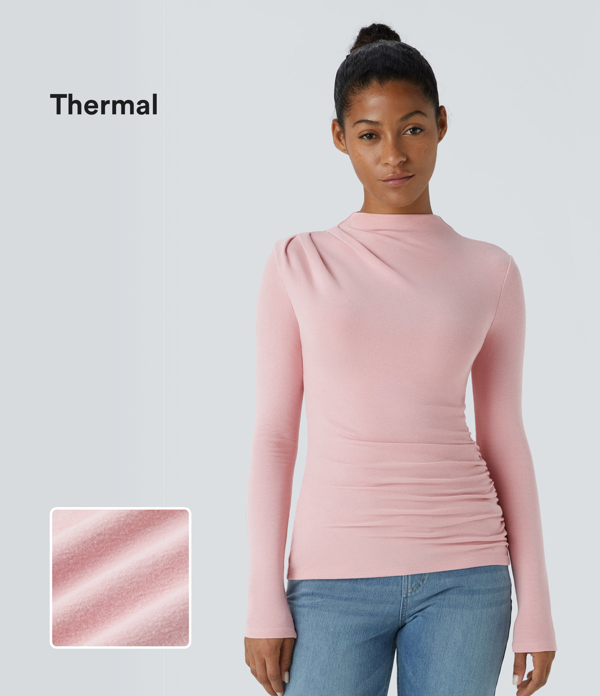Funnel Neck Long Sleeve Ruched Skinny Thermal Casual Top — Dirty Pink — view 1