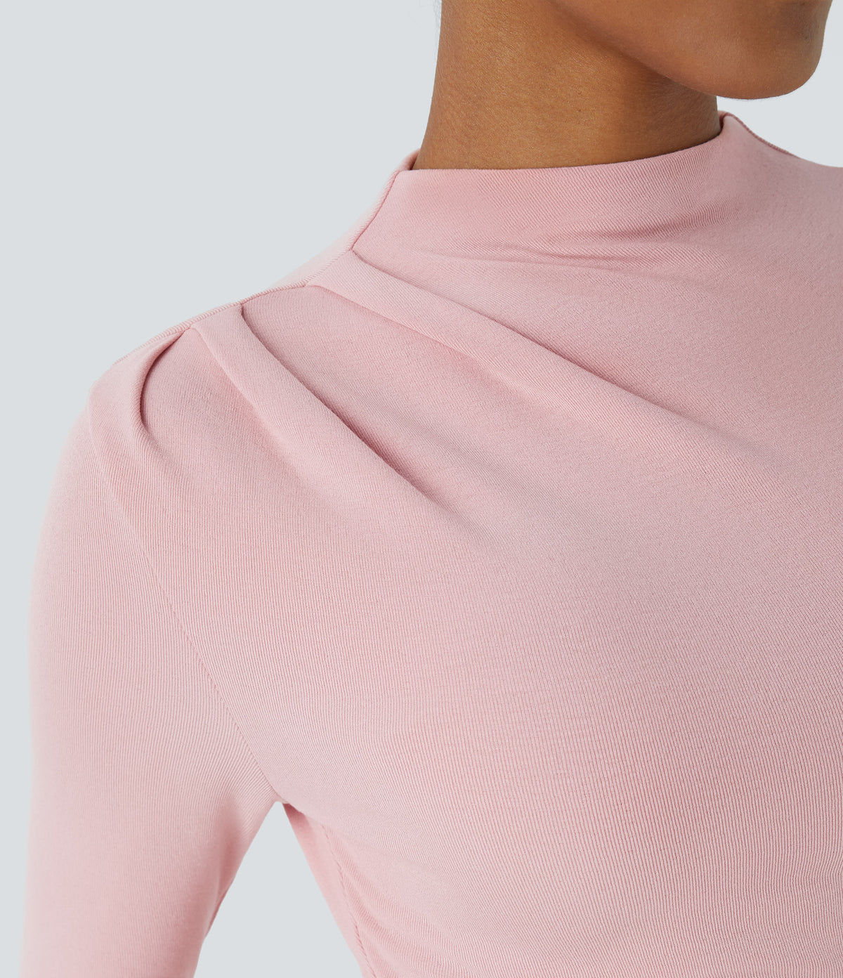 Funnel Neck Long Sleeve Ruched Skinny Thermal Casual Top — Dirty Pink — view 4