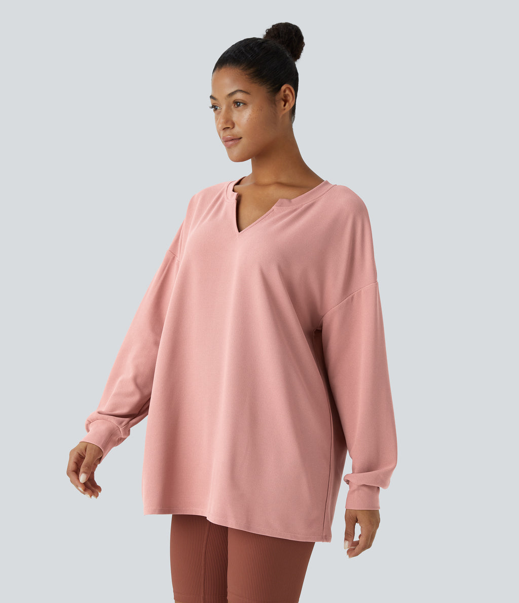 V Neck Dropped Shoulder Relaxed Waffle Casual Sweatshirt — Rose Tan — view 3