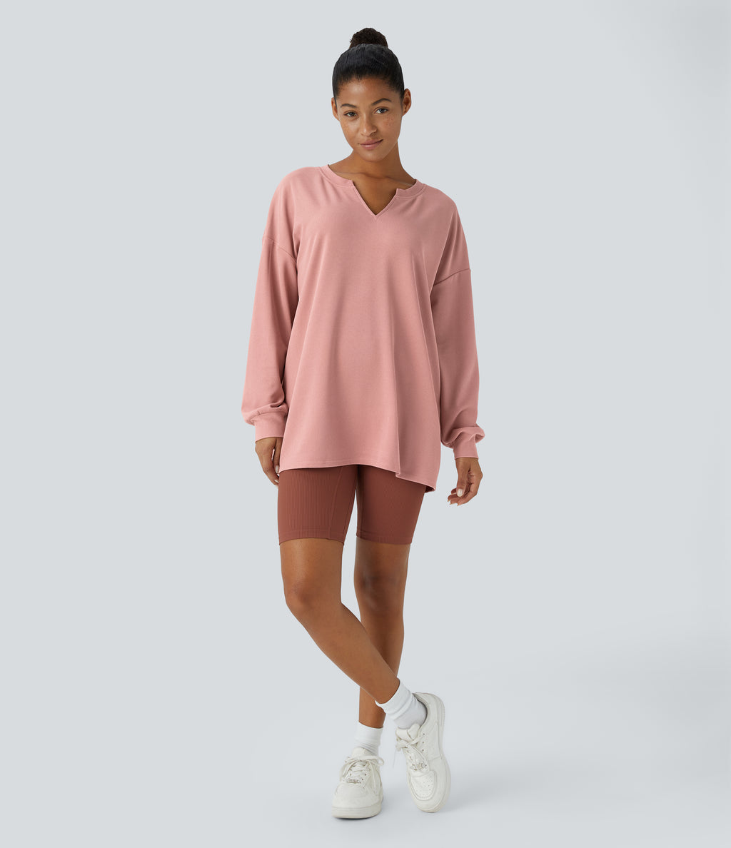 V Neck Dropped Shoulder Relaxed Waffle Casual Sweatshirt — Rose Tan — view 6