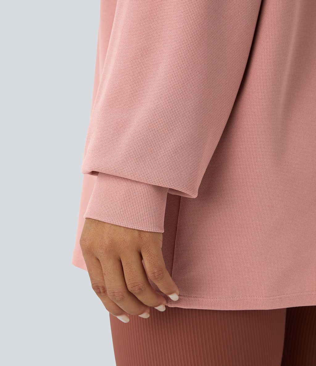 V Neck Dropped Shoulder Relaxed Waffle Casual Sweatshirt — Rose Tan — view 5