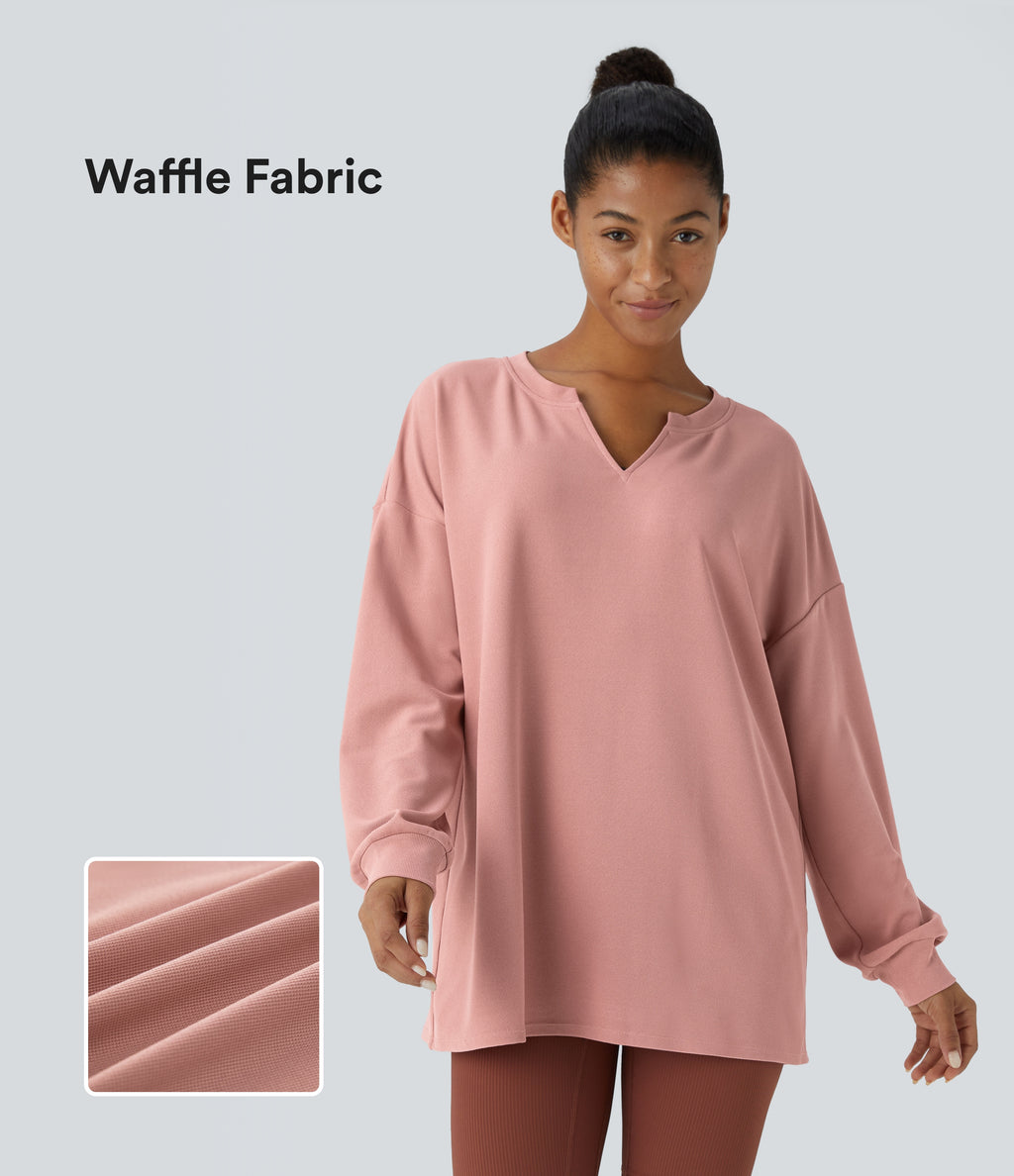 V Neck Dropped Shoulder Relaxed Waffle Casual Sweatshirt — Rose Tan — view 1