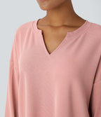 V Neck Dropped Shoulder Relaxed Waffle Casual Sweatshirt — Rose Tan — view 4