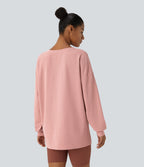 V Neck Dropped Shoulder Relaxed Waffle Casual Sweatshirt — Rose Tan — view 2